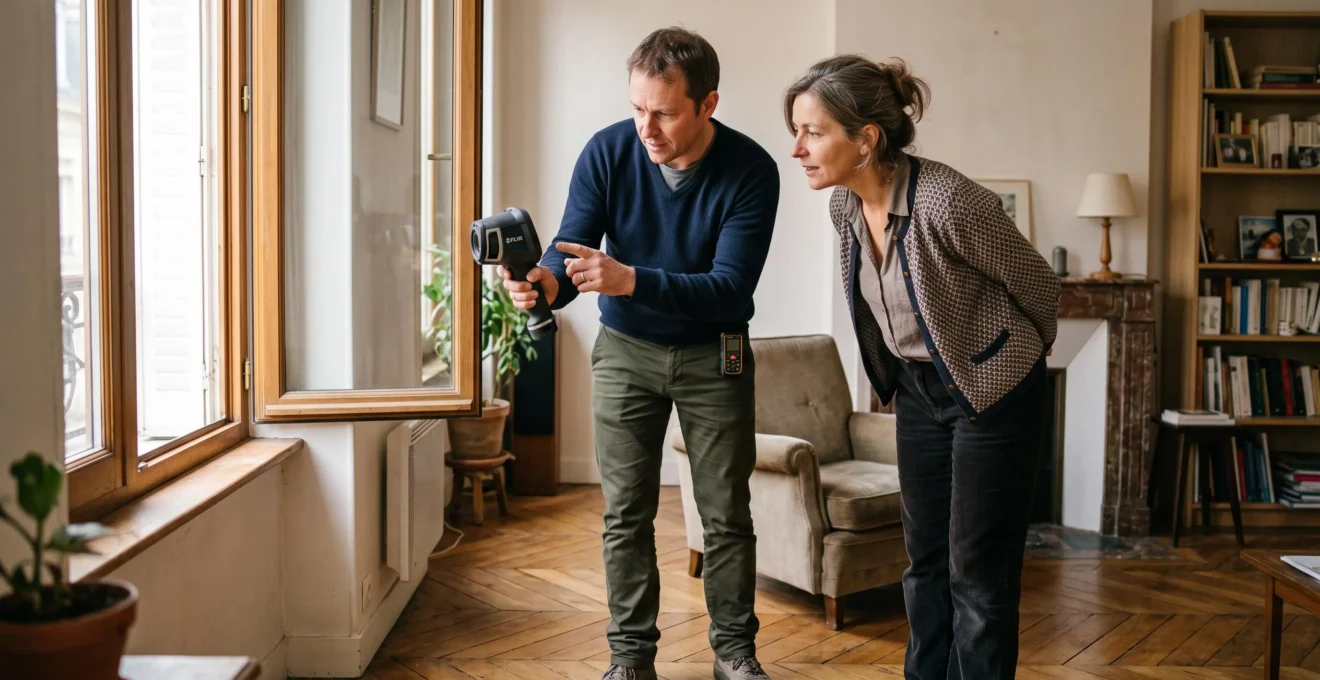 Professionnel RGE réalisant un audit énergétique dans un logement en présence du propriétaire bailleur, examinant les éléments du bâti avec un appareil de diagnostic.