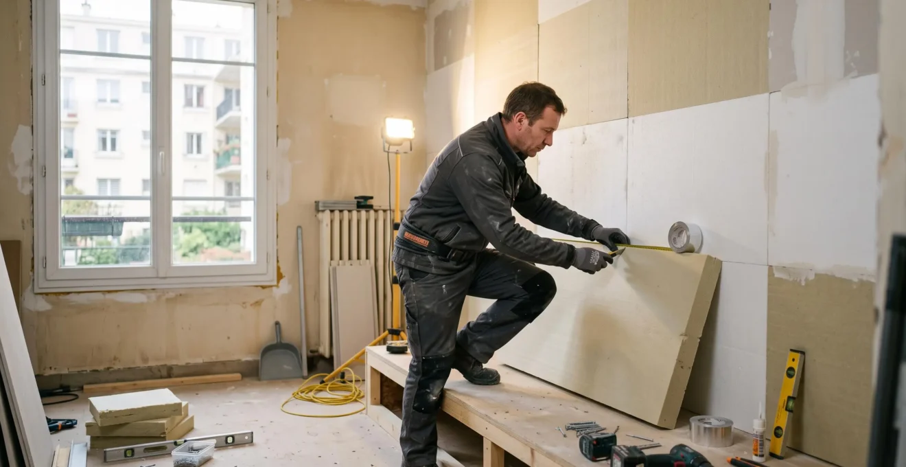 Professionnel installant des panneaux d'isolation thermique sur les murs intérieurs d'un appartement en cours de rénovation énergétique.