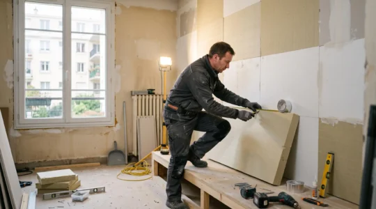 Professionnel installant des panneaux d'isolation thermique sur les murs intérieurs d'un appartement en cours de rénovation énergétique.