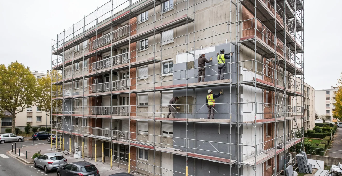Chantier de rénovation énergétique avec installation d'isolation thermique extérieure sur la façade d'un immeuble en copropriété en Île-de-France.